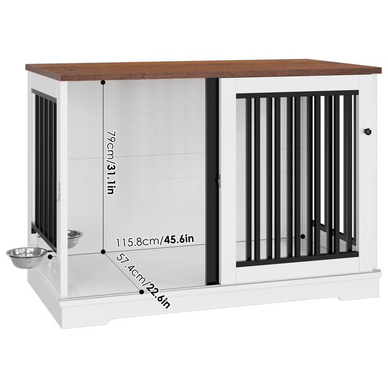 47.2''W Sturdy Large Dog Crate Furniture with 2 Feeding Bowls, Brown/White