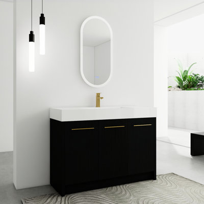 Meuble-lavabo 48 po avec lavabo en résine, porte Calmly, élément moderne, présentoir en châtaignier noir, accessoire en contreplaqué