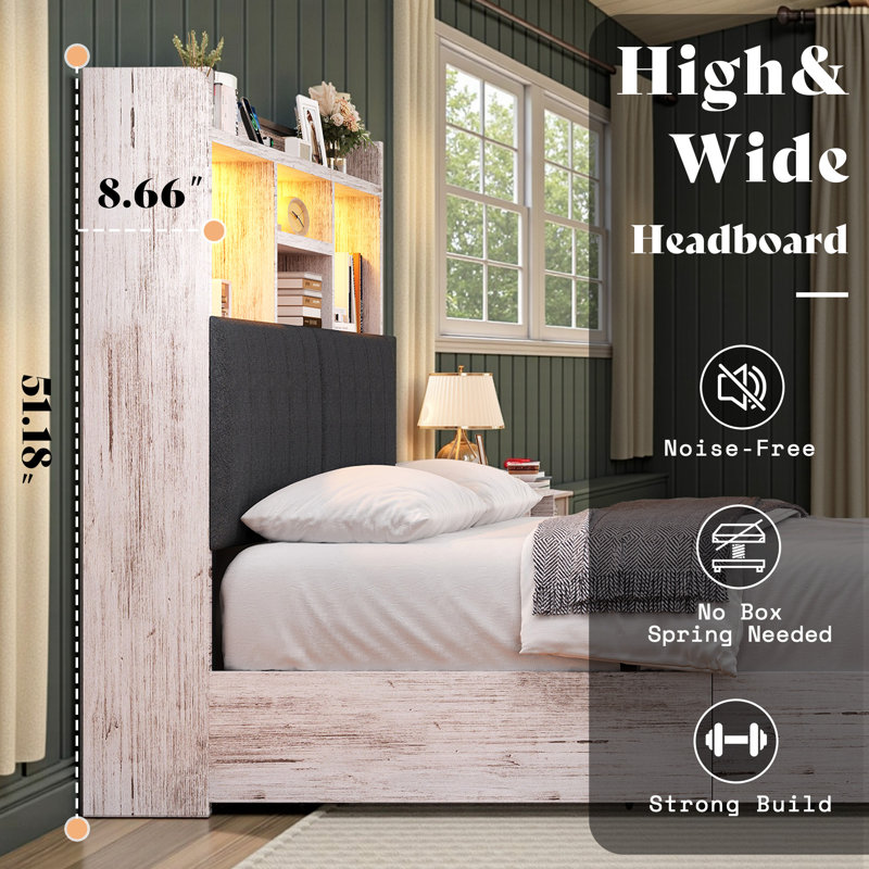Ivy Bronx Farmhouse Queen Bed with LED Bookcase Headboard, 4 Storage Drawers & Charging Station, Rustic White, Queen