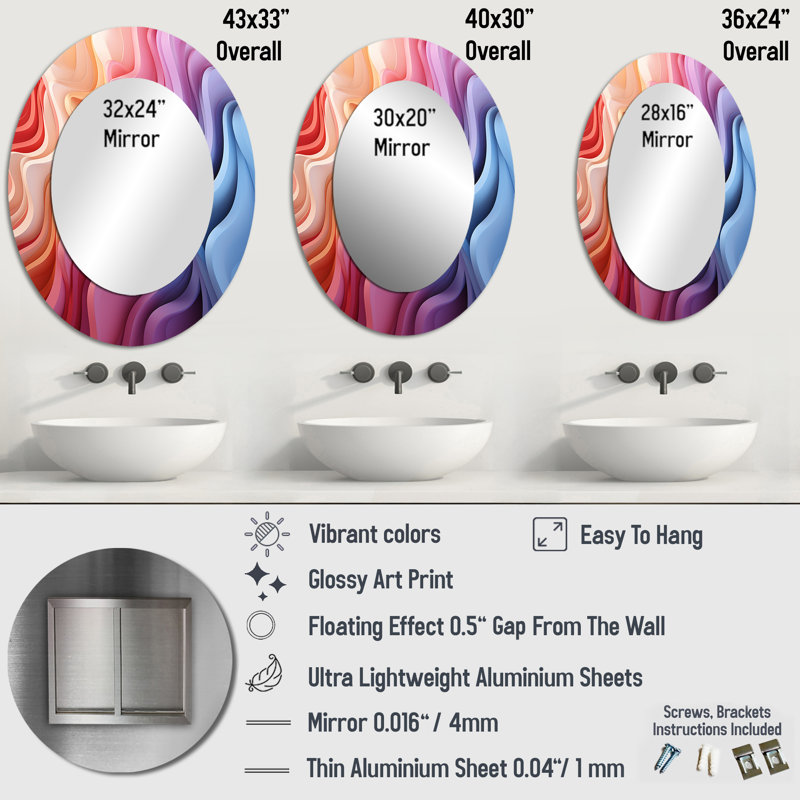 Multicolor Op Art Illusory Depth I - Multi-Color Oval Wall Mirror Decor, 43" H x 33" W