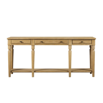 Console avec finition noix de cajou, placages, boîtes à tiroirs multiples entièrement finies, pieds tournés pour une apparence classique, étagère de rangement inférieure ouverte, bois massif brun clair +, 72 po de profondeur, 14 po