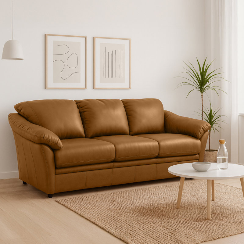 Ramdev 80" Genuine Leather Pillow Top Arm Sofa Bed Sleeper, Caramel