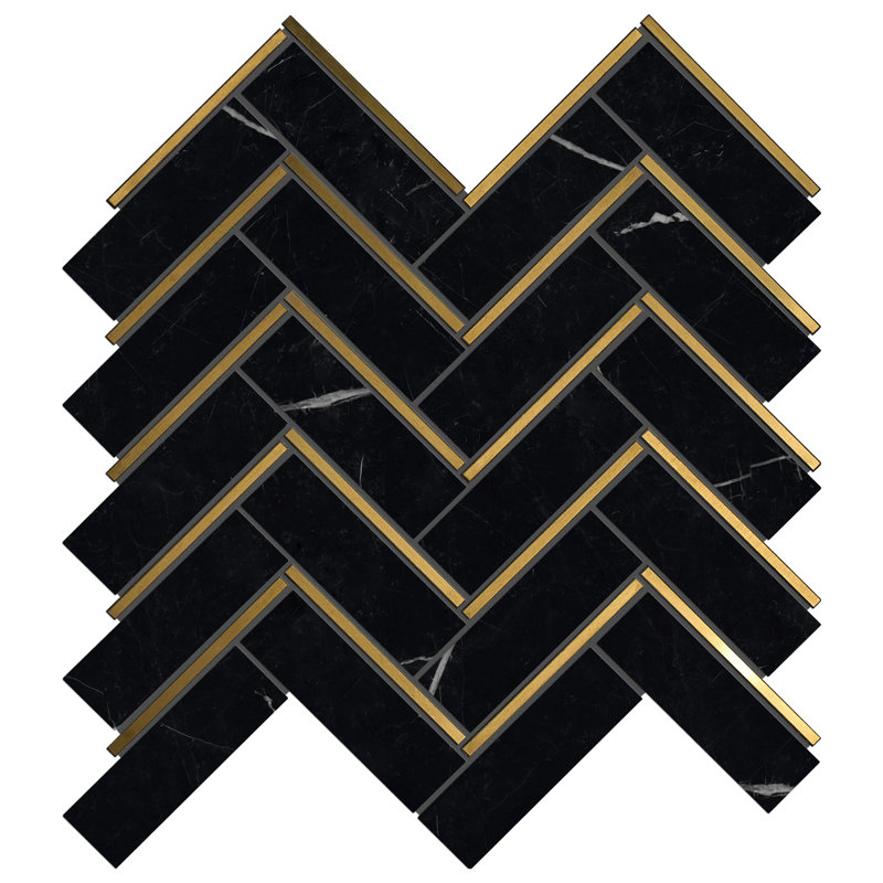 Natural Bianco 1" x 3" Marble Chevron Mosaic Wall Tile, Black/Gold