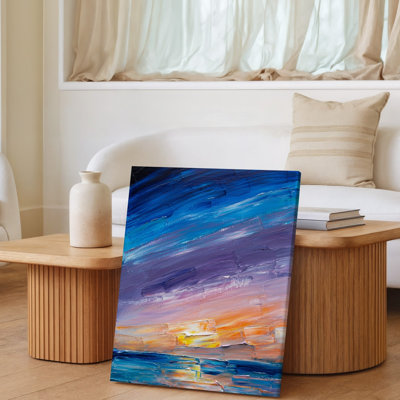 Canvas A Vibrant Abstract Painting Featuring A Dynamic Blend Of Colors Wall Art Including Deep Blues Rich Purples Warm Oranges And Canvas Wall Art
