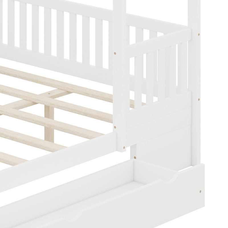 Lit plateforme en bois avec garde-corps de sécurité et 2 tiroirs, Blanc