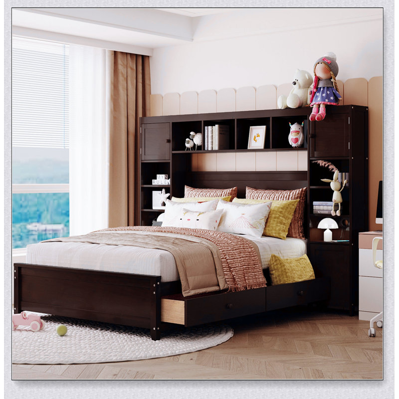 Wooden Bed With All-In-One Cabinet And Shelf, Espresso
