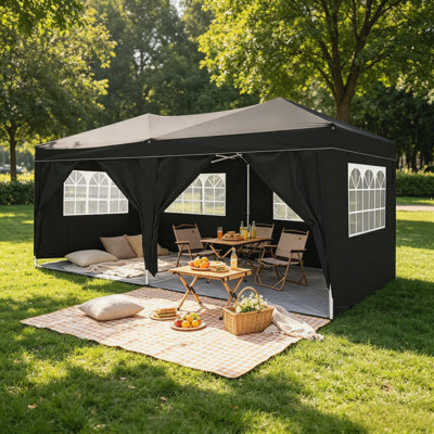 10 x 20 Ft Black EZ Pop‑Up Canopy Tent, Outdoor Portable Folding Party Gazebo with 6 Removable Sidewalls, Carry Bag & 4 Weight Bags