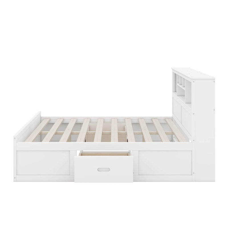 Très grand lit avec tête de lit à rangement multiple, port USB et tiroirs, Blanc