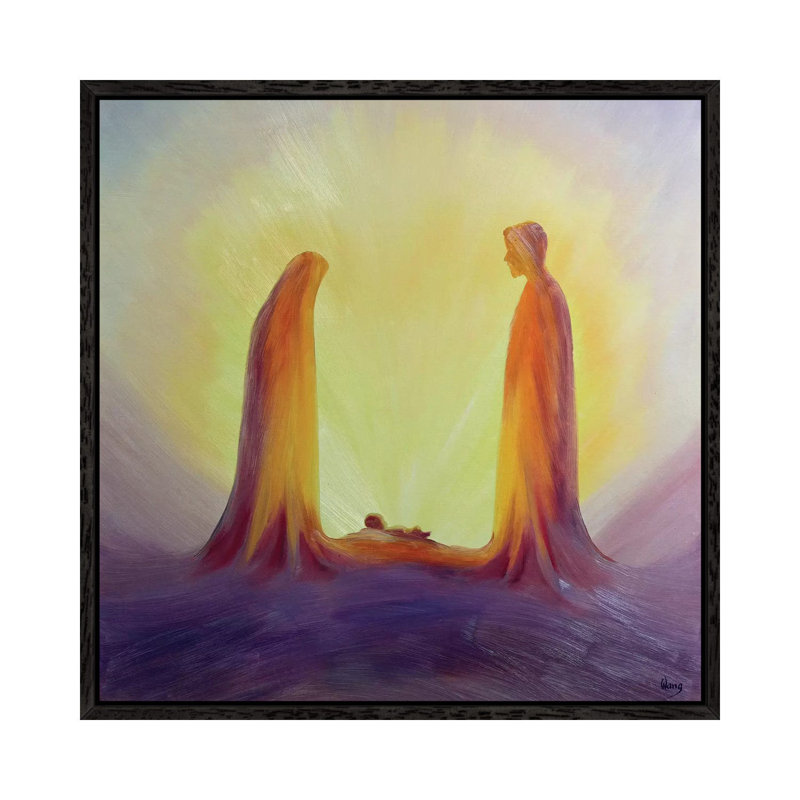 Mary And Joseph Look With Faith On The Child Jesus At His Nativity, 1995 by Elizabeth Wang - Painting on Canvas, Black Framed