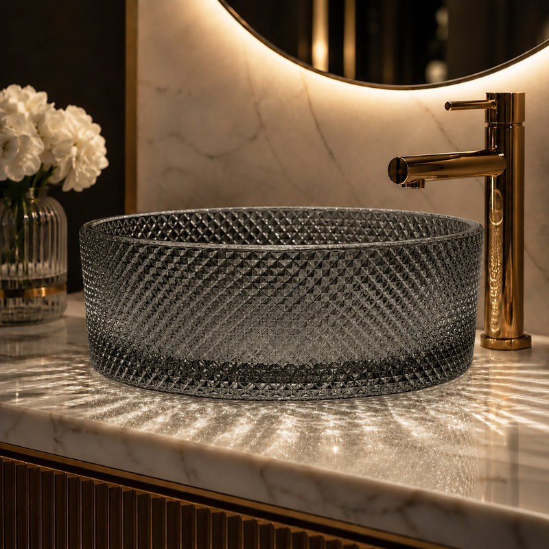 Lavabo de salle de bain circulaire en verre noir clair Glacier 14 "rond | Transparent, noir clair et champagne, Noir clair