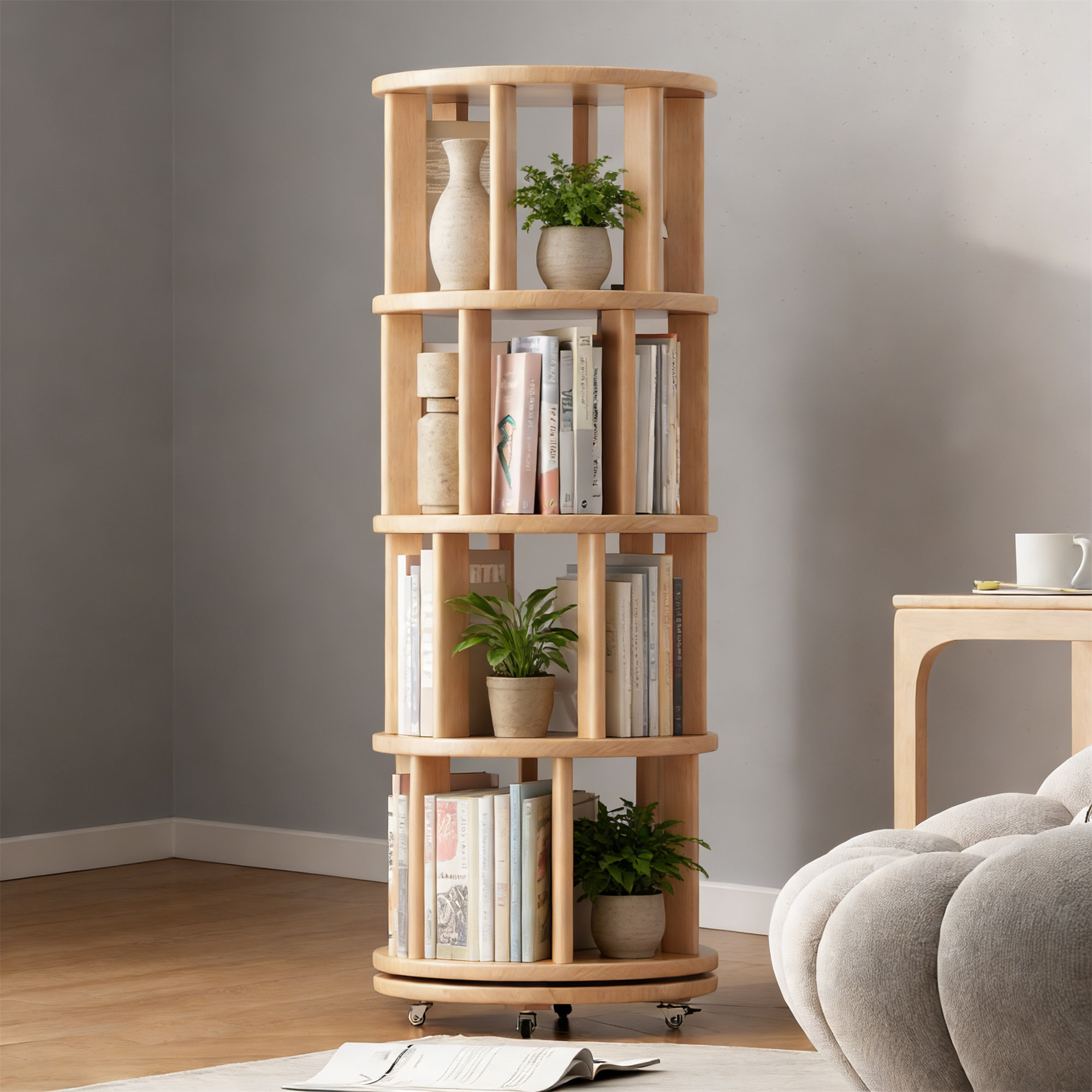 17 Stories 4-Tier Solid Wood Rotating Bookshelf On Wheels, 360 ...