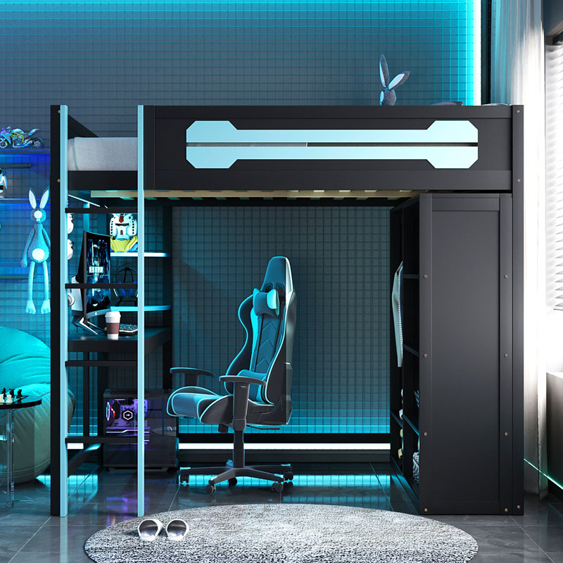 Full-Size Wood Loft Bed with Desk, Open Wardrobe & RGB LED Lighting for Gaming & Study, Blue, Blue