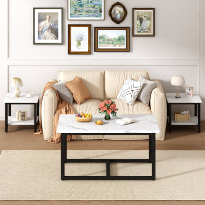 3-Piece Coffee Table Set, Industrial Coffee Table & 2 End Tables with Storage Shelves, Detachable Living Room Table Set, Black Wood Grain Top with Metal Frame, Multifunctional Accent Furniture for Living Room
