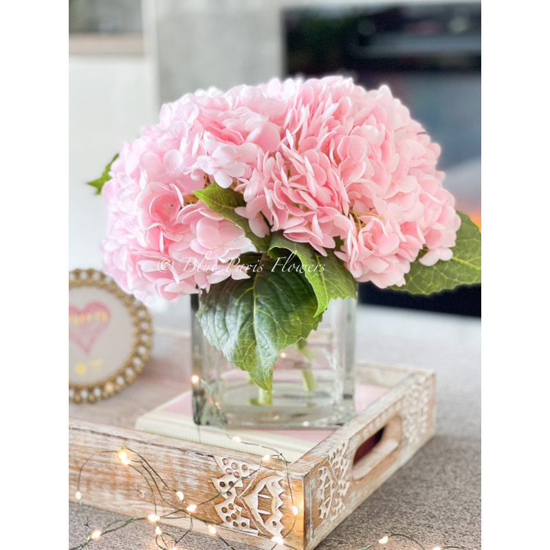 Véritable hydrangées dans un vase, arrangement de fausses fleurs artificielles, Rose clair