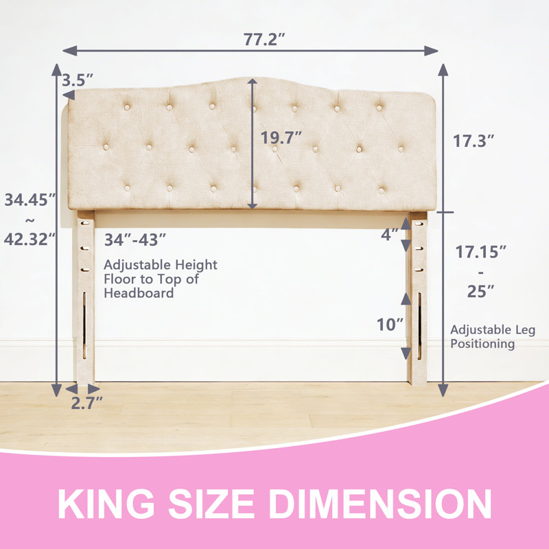 Linen Upholstered Headboard-Modern-Adjustable Height-Button Tufting, Beige, King