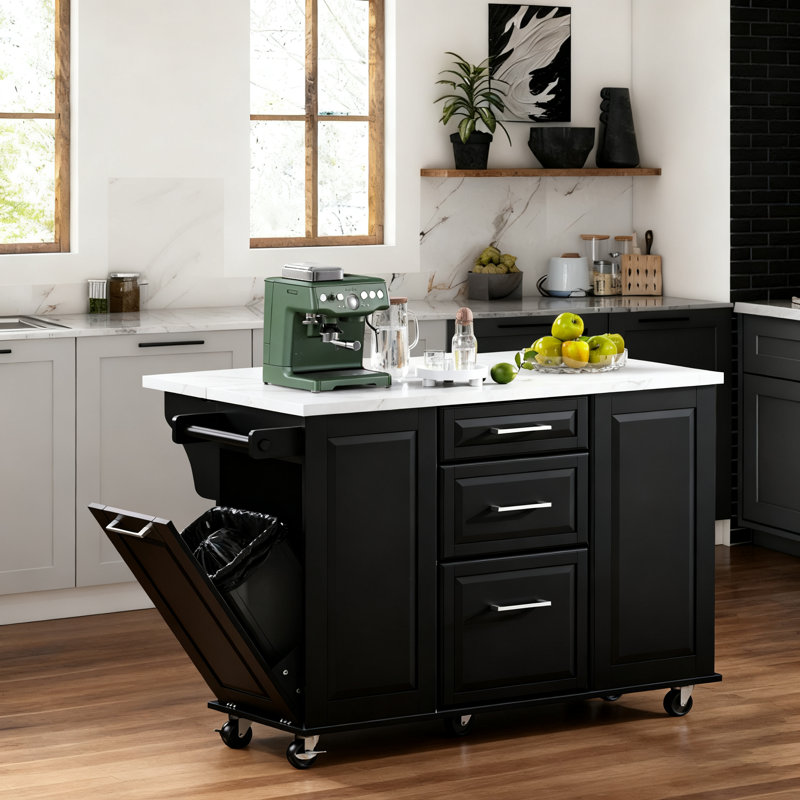 50.7-Inch Black Kitchen Island With Storage Tilting Trash Bin Cabinet And Pull-Out Cabinet Organizer, 5-Wheel Rolling Kitchen Island With Folding Panel, Suitable For Kitchen And Dining Room