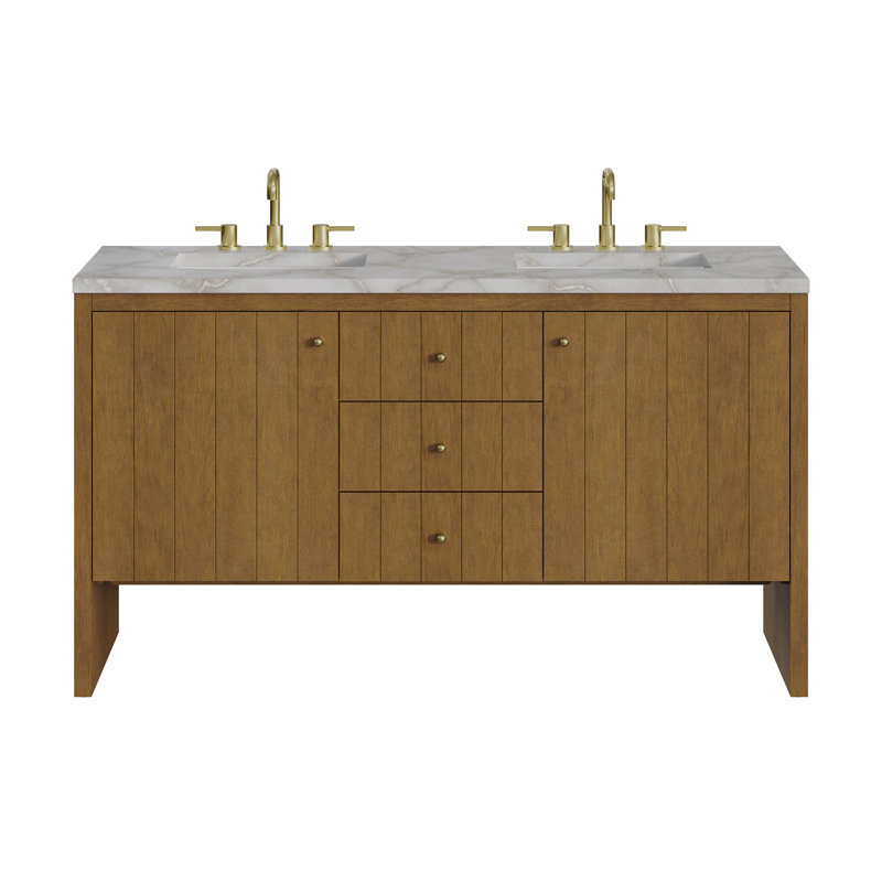 Hudson 60" Double Bathroom Vanity, Victorian Silver, 8" Widespread, Honey Brown