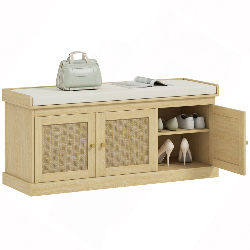 Banc de rangement pour chaussures avec rotin tissé, banc pour chaussures avec coussin, tablettes réglables, banc d'entrée pour chambre à coucher, salon