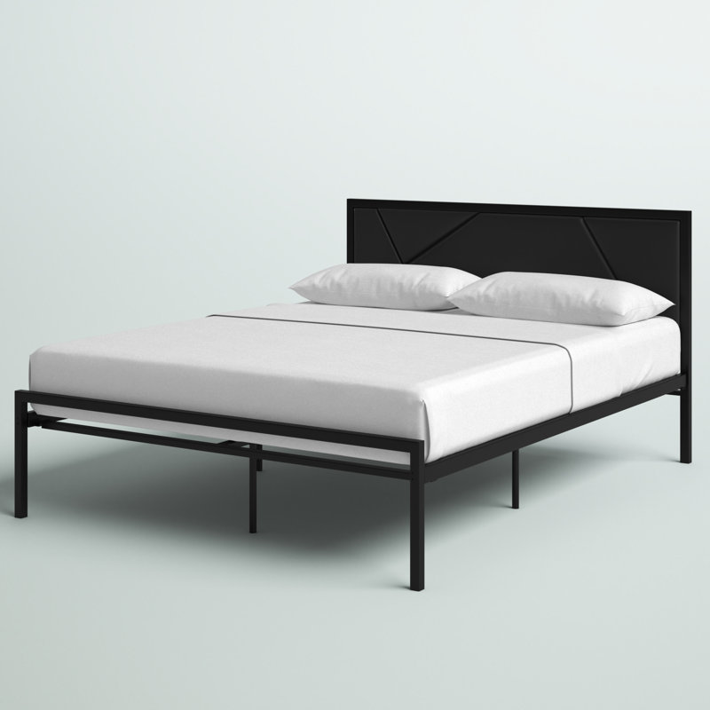 Metal Frame Bed with Upholstered Headboard,Sturdy Steel Construction, No Box Spring Needed, Queen