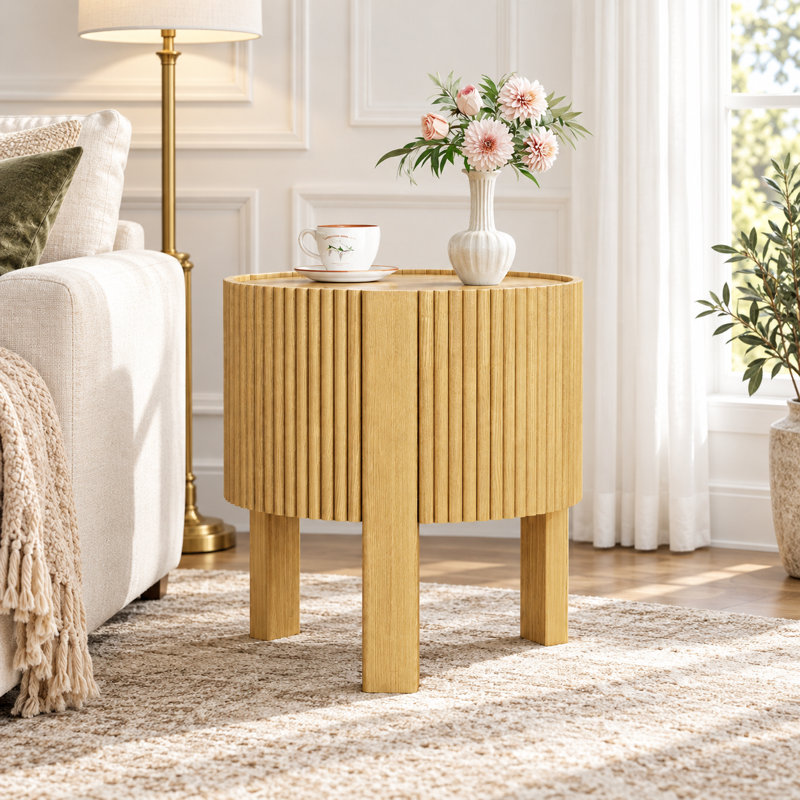 Table d'appoint ronde cannelée avec placard de rangement et porte à fermeture douce