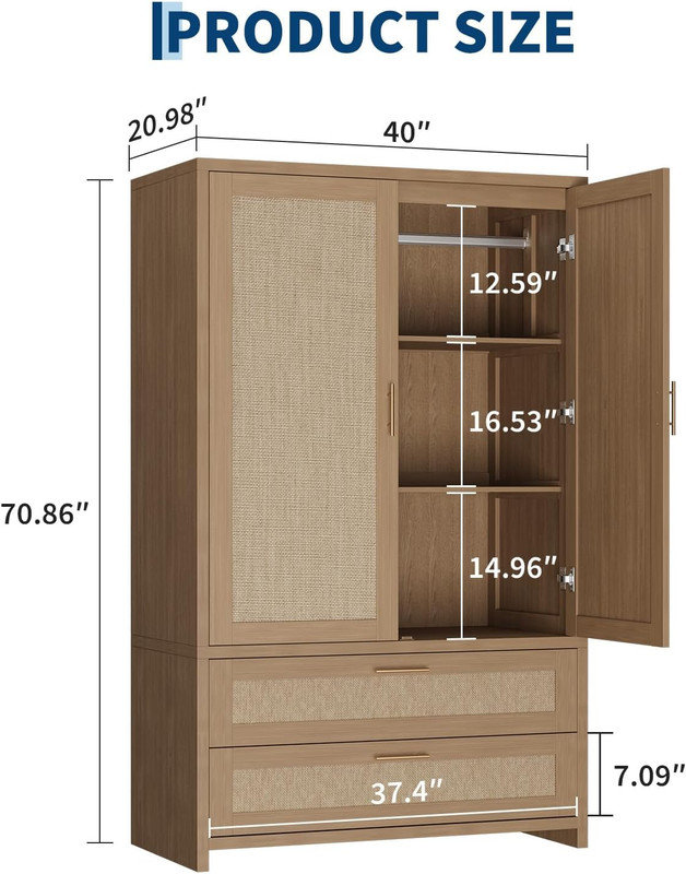 Armoire de 71 po de hauteur avec armoires en rotin Boho avec tiroirs, tringle suspendue et 2 portes