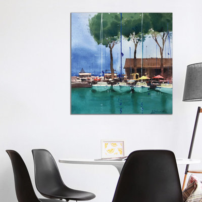 Yachts At The Pier In Italy. Garda Lake by Andrii Kovalyk - Gallery-Wrapped Canvas Giclée on Canvas