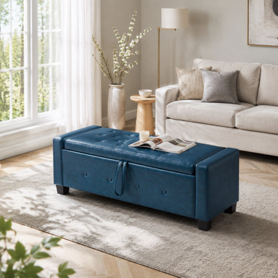 Banc de rangement en similicuir bleu sarcelle, banc repose-pieds capitonné avec pieds noirs