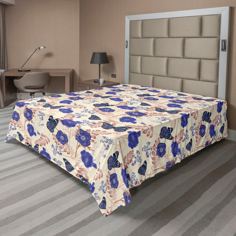 Drap plat Ambesonne Autumn Butterfly Flower Retro Violet foncé coquille d'œuf, Drap plat de taille double