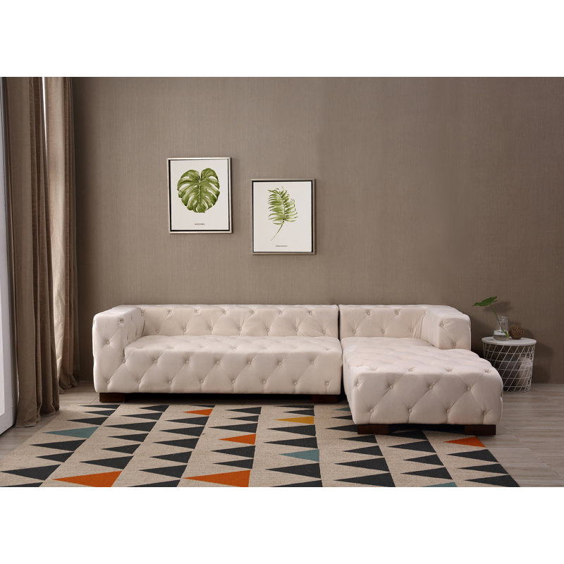 Velvet L-Shaped Sectional, Beige/Tan Velvet, Right Hand Facing