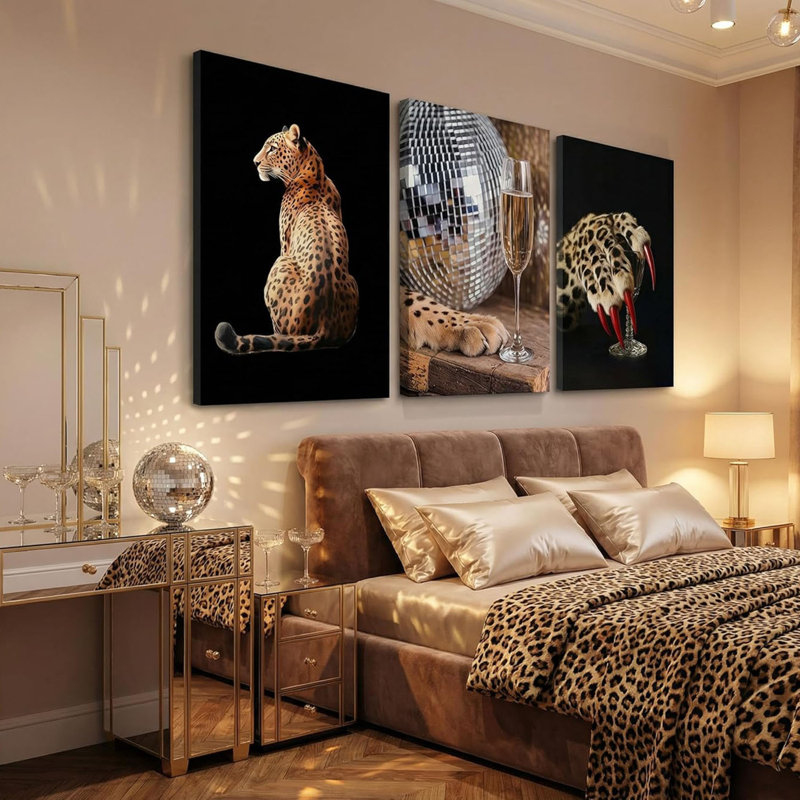 3 pièces léopard, art mural, impressions de léopard, œuvre d'art, boule disco moderne, griffes, décoration murale, salon, chambre à coucher, filles, bureau, décoration de la maison, 16 x 24 po