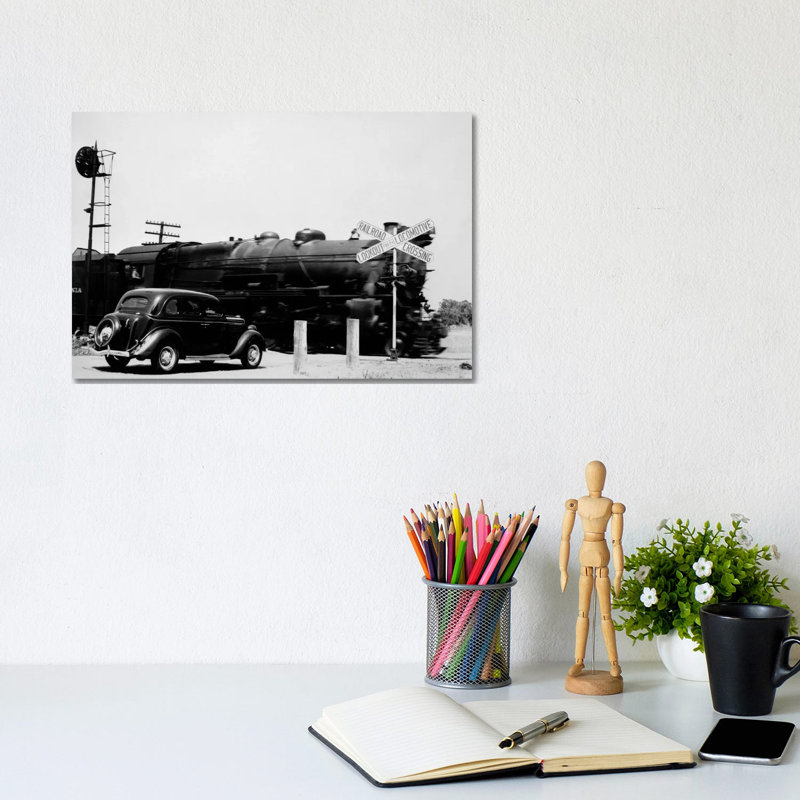 1930s Automobile Stopped At Railroad Grade Crossing With Steam Engine Speeding By by Vintage Images - Wrapped Canvas Print