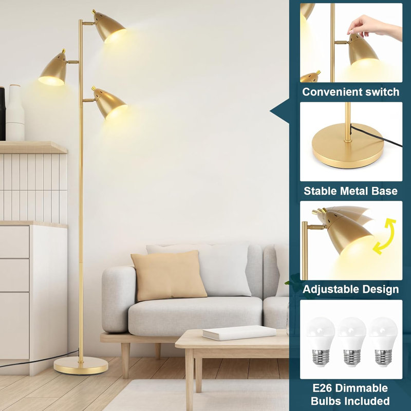 Lampe sur pied industrielle à 3 lumières avec têtes de rotation réglables pour le salon, la chambre à coucher et le bureau