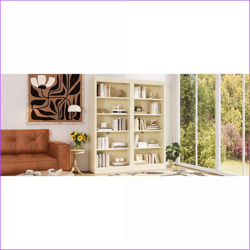 Bibliothèque moderne à 83 niveaux de 83 po de hauteur | Tablettes réglables | Lumière DEL | Bois massif et panneau de fibres à densité moyenne | Beige + jaune moutarde