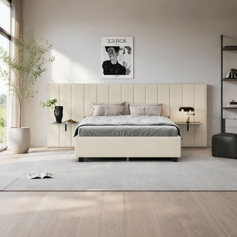 Lit plateforme tapissier avec grande tête de lit, mobilier de chambre à coucher, velours, Grand lit, Beige