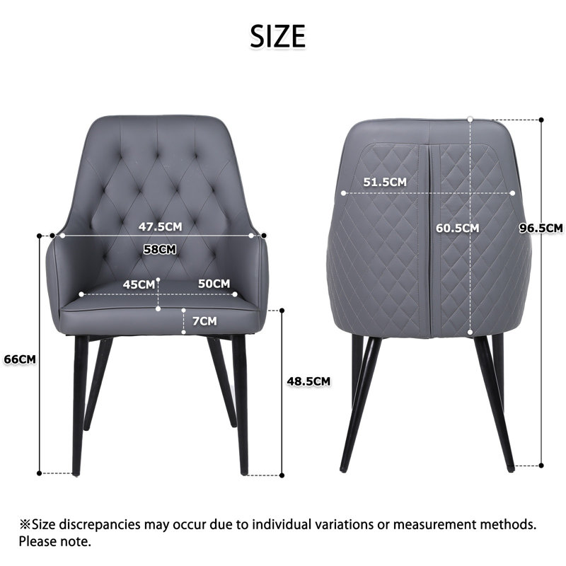 Set Of 2 Modern PVC Leather Dining Chairs, Padded Seat Metal Legs, Office, Grey
