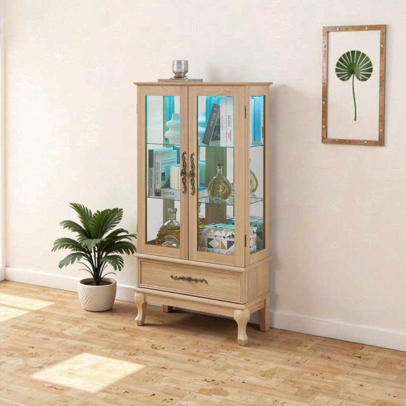 Vitrine lumineuse avec portes en verre et tiroir caché, tablettes réglables et éclairage DEL, Bois de chêne