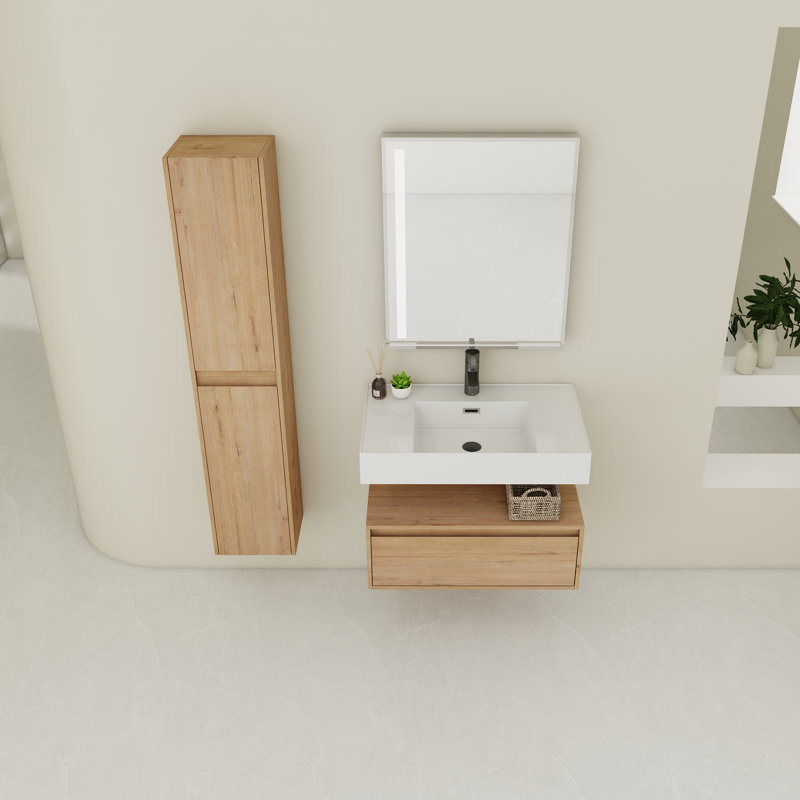 Meuble-lavabo mural 30 po avec lavabo en résine et armoire latérale, tiroir à fermeture en douceur