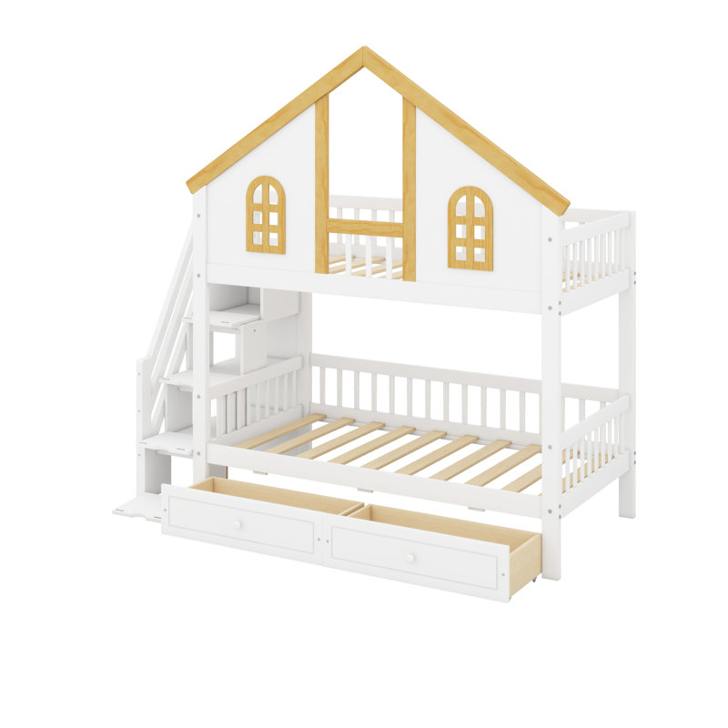 Wooden Bunk Bed With Two Drawers And Storage Staircase, House Bunk Bed Frame With Window, Door, Guardrails, Twin Over Twin