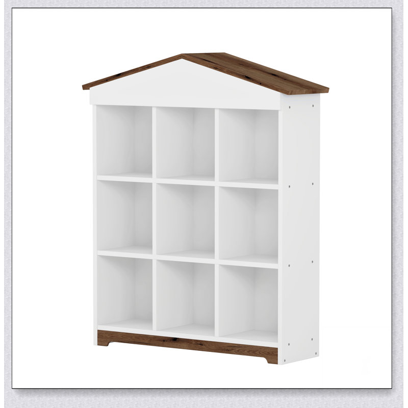 House-shaped Storage Rack with Nine Storage Compartments, Three-layer Storage Shelf with Colorblock Design, Brown/White