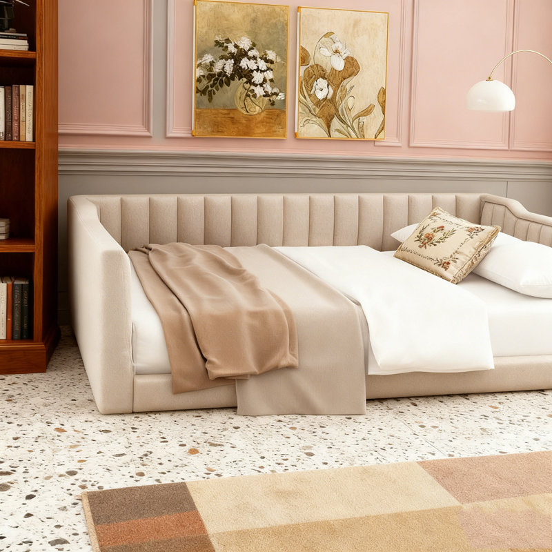 Upholstery Daybed and Side Storage pocket, Beige, Extra-Long Twin