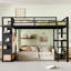 Structure de lit mezzanine avec garde-robe, lit mezzanine en métal avec tablettes de rangement et panneau perforé-608282709