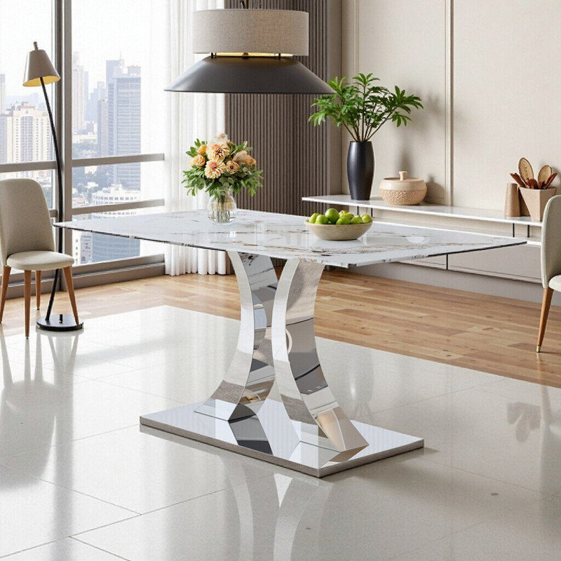 Table de salle à manger transformable en acier inoxydable robuste avec plateau en verre trempé, Argent