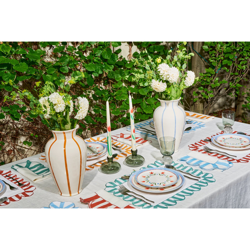 Jardin Embroidered Linen Scalloped Stripe Napkins, Green/Blue/White