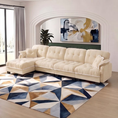 Canapé d'angle en forme de L Chenille Cloud de 130 pouces de large avec pouf et 4 coussins