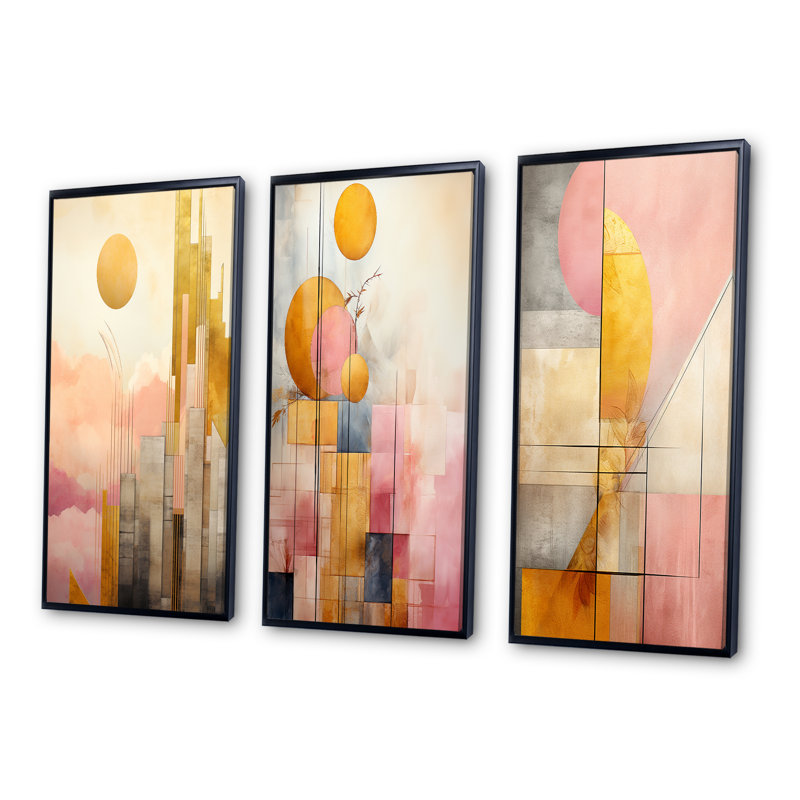 «Golden Moon Dreams Retro Illustration IV», 3 pièces, Cadre flottant noir, H 40 po x l 60 po