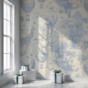 Papier peint animaux bleu Toile Safari | Murale peler et coller pour chambre de bébé | Décoration murale amovible pour enfants