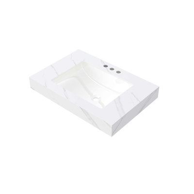 Comptoir en pierre frittée blanche de 30 po MURI et lavabo encastré en céramique avec trois trous de robinet pré-percés standard, sans armoire, sans robinet et couvercle d'évier