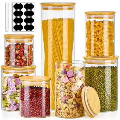 Ensemble de 7 pots de rangement en verre plus épais avec couvercles en bambou hermétiques, contenants de rangement en verre transparent, ensemble de contenants en verre