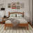 Wooden Platform Bed With Natural Rattan Headboard, Vintage Bed Frame With Wooden Slat Support-1686031960-1686031961