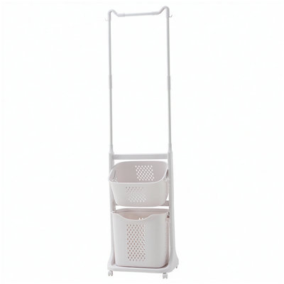 Trieur de paniers à linge à 2 niveaux avec barre de suspension, paniers à linge roulants sur roulettes, organisateur de chariot à linge amovible et empilable et rangement pour petits espaces, dortoir, placard, salle de bain